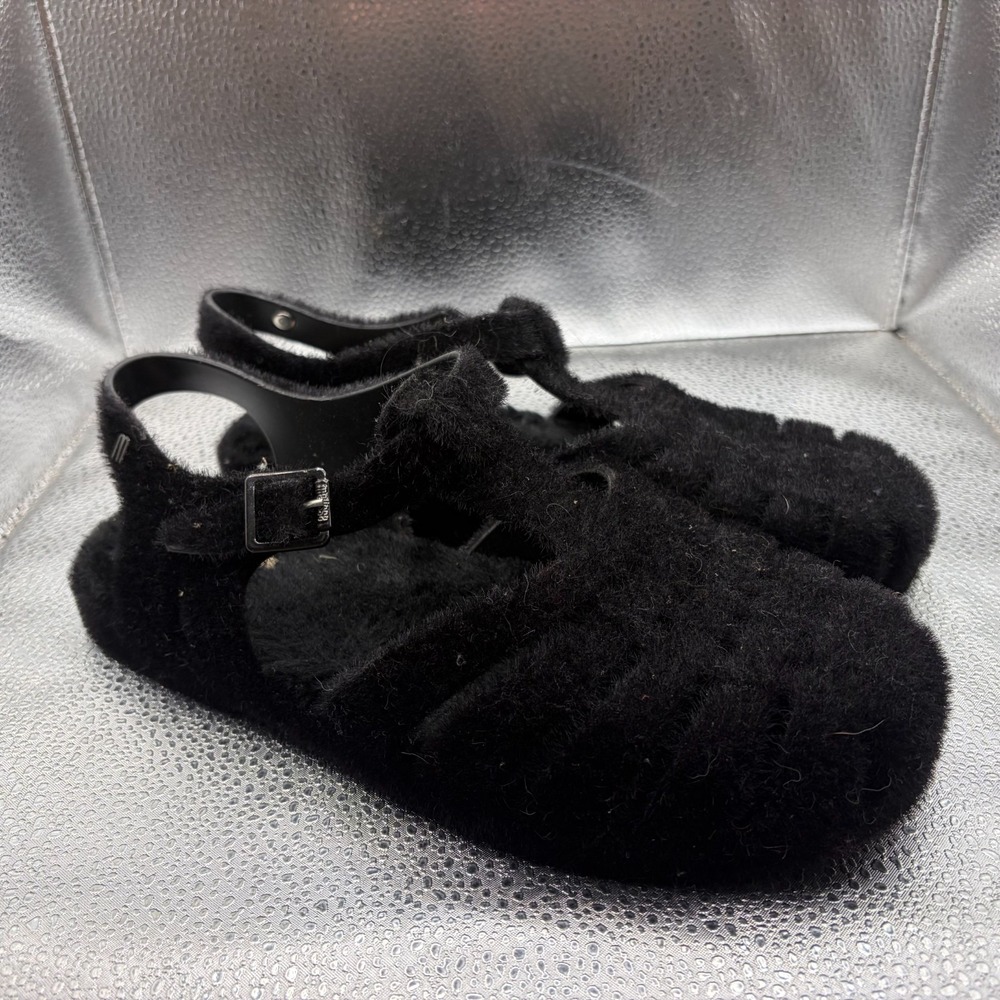 Size 8 Melissa Possession Warm Black Womens Flocked Faux Fur Fisherman Sandals